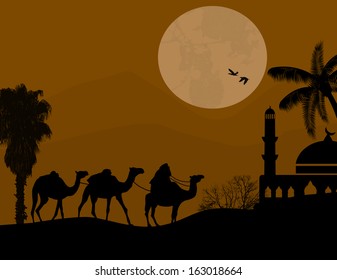 Bedouin camel caravan in arabian landscape on sunset, vector illustration