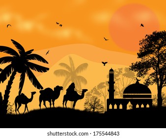 Bedouin camel caravan in arabian landscape on sunset, vector illustration