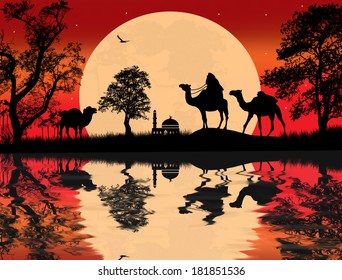 Bedouin Camel Caravan In Arabian Landscape On Sunset, Vector Illustration