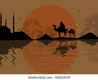 Bedouin camel caravan in beautiful landscape near water on sunset, vector illustration