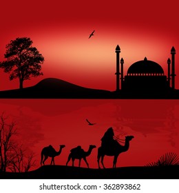 Bedouin camel caravan in beautiful red sunset near water, vector illustration