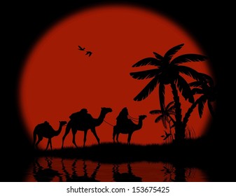 Bedouin camel caravan with full moon and reflexion on water, vector illustration