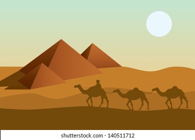 Bedouin camel caravan and pyramid silhouette