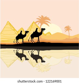  Bedouin camel caravan in wild africa landscape illustration