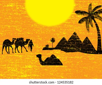 Bedouin camel caravan in wild africa landscape, vector illustration