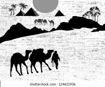 Bedouin camel caravan in wild africa landscape on black and white, vector illustration