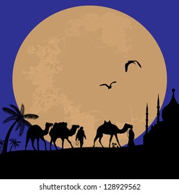 Bedouin camel caravan in wild africa landscape on sunset, vector illustration