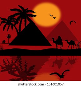 Bedouin camel caravan in wild africa landscape with reflexion on water, vector illustration