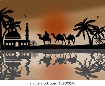 Bedouin camel caravan in wild africa landscape near water on sunset, vector illustration