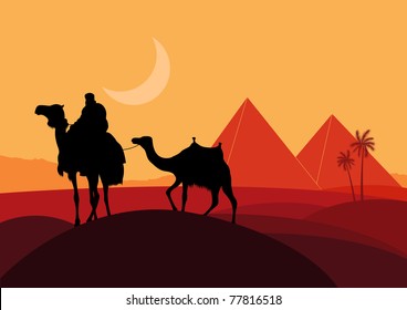 Bedouin camel caravan in wild africa landscape illustration