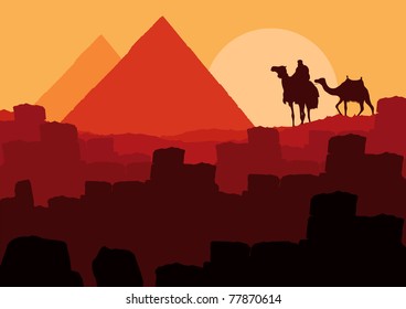 Bedouin camel caravan in wild africa landscape illustration