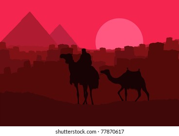 Bedouin camel caravan in wild africa landscape illustration