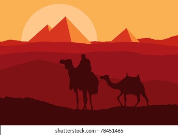 Bedouin camel caravan in wild africa landscape illustration