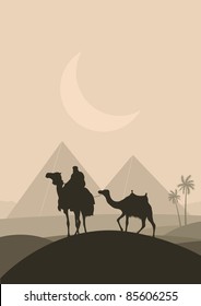 Bedouin camel caravan in wild Africa pyramid landscape illustration