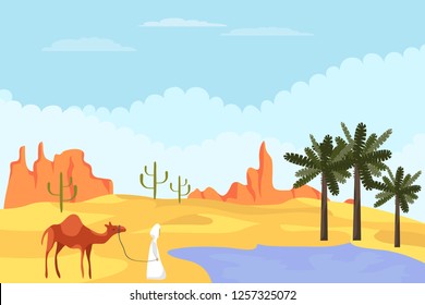 Bedouin with a camel is in the desert. Desert landscape Bedouin with a camel came to an oasis with palm trees against the background of a desert landscape. Vector illustration.