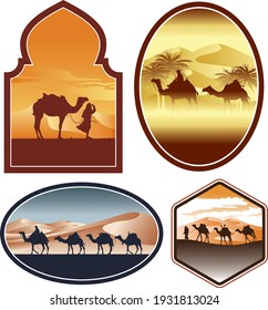 Bedouin with camel in a desert landscape vector silhouette labels collection