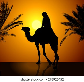 Bedouin with camel at sunset. Vector