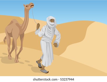 Bedouin with camel are walking through desert