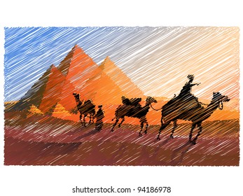 Bedouin caravan camels against over pyramids in paint style.