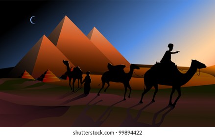 Bedouin caravan camels against over pyramids in twilight.