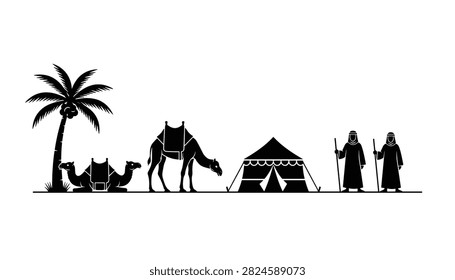 Bedouin desert campsite silhouette featuring camels palm tree tent and figures with staffs