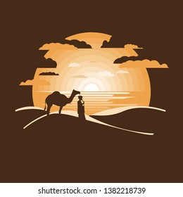 Bedouin in the dry desert under sun,Negative space.Flat design