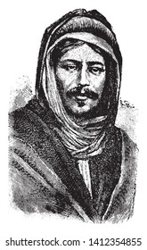 Bedouin is a grouping of nomadic Arab people who have historically inhabited the desert regions in North Africa, the Arabian Peninsula, Iraq, and the Levant, vintage line drawing or engraving