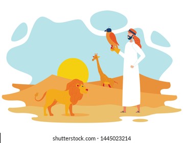 Bedouin with Hawk in Desert Flat Vector Character. Sand Dunes, Bright Sun on Horizon African Nature Landscape. Arab Wearing Traditional Clothes Cartoon Character. Human with Wild Animals