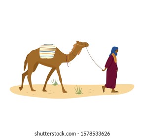 Bedouin leads his camel in desert. Arab character in traditional dress and turban. Flat vector illustration.