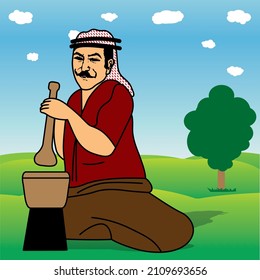 Bedouin man grinding Arabic coffee