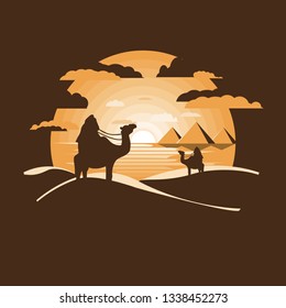 Bedouin near Egypt pyramids landscape. Egyptian great pyramids in the desert on a background. Dry desert under sun,Negative space.Flat design