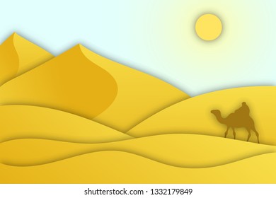 Bedouin on a camel in the desert. Paper cut style.