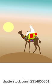 Bedouin rides on camel through sandy desert cartoon, Illustration of Camel cartoon 