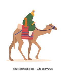 Bedouin Riding A Camel Across The Desert Sands Isolated on White Background. Adventure Concept, Symbol Of Desert