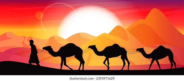 Bedouin in traditional wear with caravan camel travelling across sahara desert panoramic view with bloody red scenic sunset and sunrise, landscape, arabic sand dune. Summer travel. Vector illustration