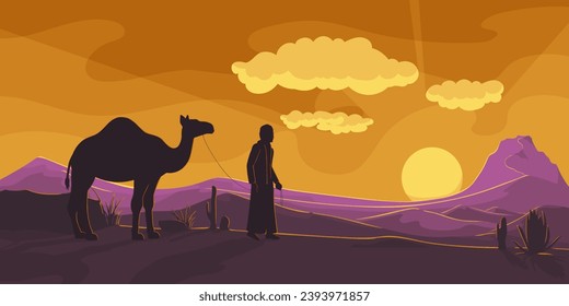 Bedouin in traditional wear with caravan camel travelling across sahara desert panoramic view with bloody red scenic sunset and sunrise, landscape, arabic sand dune. Summer travel. Vector illustration