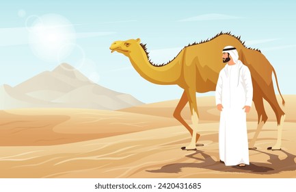 Bedouin in traditional wear with caravan camel travelling across sahara desert panoramic view, outdoor scenic landscape, arabic sand dune. Summer vacation travel, holiday resort. Vector illustration