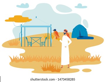 Bedouin Traveler with Hawk Flat Vector Character. Campsite Tourist Tent and Gazebo in Wild Savannah Area. Human with Wild Bird. Arab Wearing Traditional Clothes on Summer Holiday Vacation