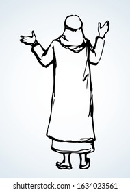 Bedouin welcome guy turban hat. Black drawn old bible human faith sign icon symbol. Retro biblic jewish history cartoon happy preacher. Asia kandura thobe robe tunic rear behind arm up jew winner view