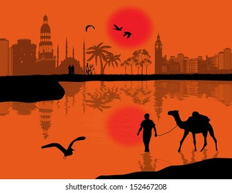 Bedouin whit camel on water near the city buildings background