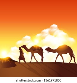 Bedouins and camels in desert dunes under sunset sky illustration. Islamic landscape arabian background.