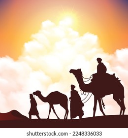 Bedouins and camels in desert dunes under sunset sky illustration. Islamic landscape arabian background.