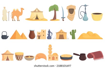 Bedouins icons set cartoon vector. Arab desert. Ancient market