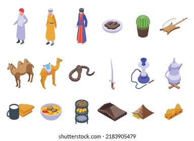 Bedouins Icons Set Isometric Vector. Arab Desert. Ancient Market