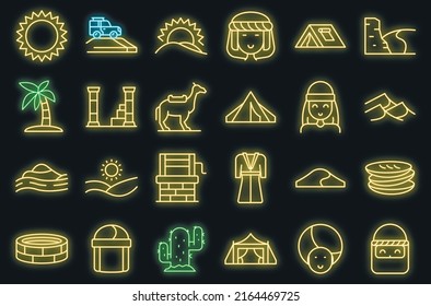 Los iconos beduinos establecen el vector de contorno. El desierto árabe. Neón vectorial antiguo de mercado