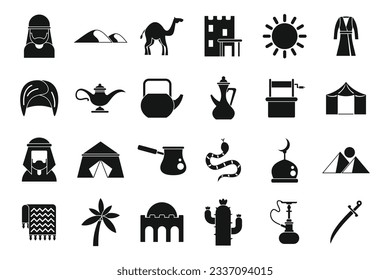 Bedouins icons set simple vector. Arab desert. Camel town