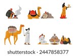 Bedouins resting, walking with camel. Cartoon nomads in traditional Arab clothing cooks over the campfire, relaxing with cup of tea. Vector illustrations set isolated on white background