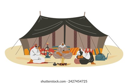 Bedouins sitting in the desert near their tent camp, flat vector illustration isolated on white background. Ethnic life of the Bedouins nomadic Arab group.