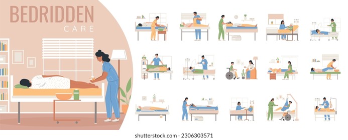 Bedridden care set with isolated compositions of flat icons with doctors taking care of bed bounds vector illustration