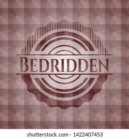 Bedridden red emblem or badge with abstract geometric polygonal pattern background. Seamless.